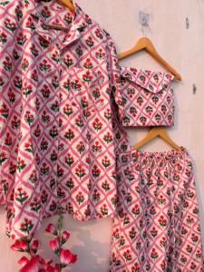 Conjunto de Pijama de Algodón con Estampado de Bloques para Mujer, Ropa de Dormir y de Estar por Casa con Bolsa a Juego, Suave y Transpirable, Ropa de Dormir de Verano al por Mayor - Product Image 3