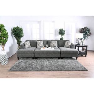 Set Divano Componibile in Ciniglia Grigia 5 Pezzi con Poltrona Senza Braccioli, Pouf e Chaise Longue, Divano Sezionale Imbottito con Cuscini per Arredamento Soggiorno - Product Image 4