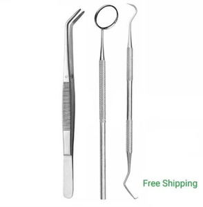Juego de Instrumentos Quirúrgicos Dentales de 3 Piezas: Espejo, Pinza y Explorador, con Mango Manual Roscado Plateado, Certificado CE Clase I - Product Image 2