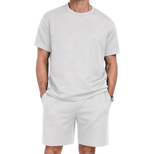 Premium Men's Light Gray Summer Set <b>Geometric</b> Pattern Crew Neck Knitted Summer Wear Breathable Short Sleeve <b>Shirt</b> OEM - Product Image 5
