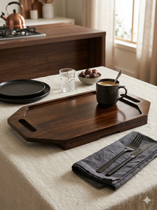Octagonal Wooden Serving Tray Geometric Breakfast Platter Dark <b>Walnut</b> Finish Cutout Handle Tea <b>Coffee</b> Display Irregular Shape - Product Image 5