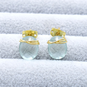Aquamarine Gemstone <b>Stud</b> Earrings | Wire Wrapped Oval Blue Stone 8–10mm | March Birthstone Gift - Product Image 5