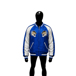 Veste universitaire personnalisée en satin bleu roi avec manches contrastantes blanches, broderie double tête de tigre de qualité supérieure, veste bomber de luxe pour le baseball - Product Image 1