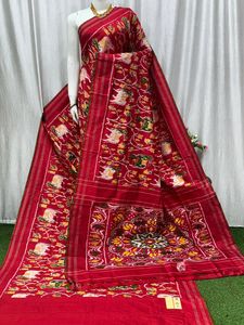 Traditional Indian <b>Red</b> Cotton <b>Saree</b> With Hand Drawn Floral Print For Women Wedding Wear Floor-Length Regular Fit - Product Image 1