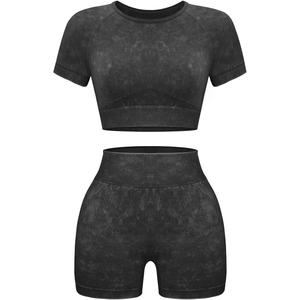 Two Piece Yoga Set Crew Neck Crop <b>Top</b> High Waist Shorts Solid Color Seamless Spandex Polyester <b>Sweat</b> Wicking Breathable - Product Image 4