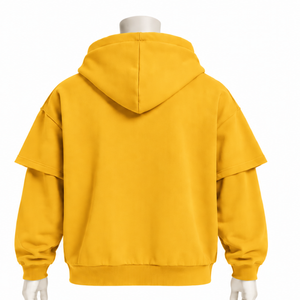 Mustard Double Layer <b>Hoodie</b> Oversized <b>Short</b> <b>Sleeve</b> Overlay Long <b>Sleeve</b> Pullover Streetwear Casual Heavyweight Hooded Sweatshirt - Product Image 2