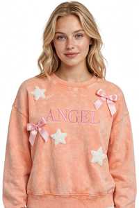 เสื้อสเวตเชิ้ตคอกลมโอเวอร์ไซส์สำหรับผู้หญิง ผ้าฝ้ายฟลีซเนื้อนุ่ม ไม่เป็นขุย ลายมัดย้อมสีพีช ประดับโบว์สีชมพูและดาวพอง - Product Image 3