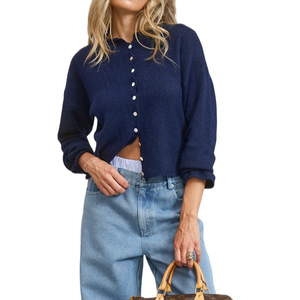 Cardigan court en maille bleu marine boutonné pour femme, à manches longues, pull décontracté d'hiver, couleur unie, anti-boulochage - Product Image 1