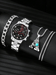 Reloj de pulsera para hombre 192060 de acero inoxidable con calendario y cuarzo, y juego de joyería de collar y pulsera con detalles de letras (2 piezas) - Product Image 6