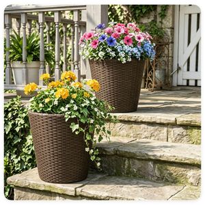 Set di 2 fioriere in rattan PP, 15x12 cm, con vasi interni integrati e fori di drenaggio, per interni/esterni, in ferro - Product Image 2