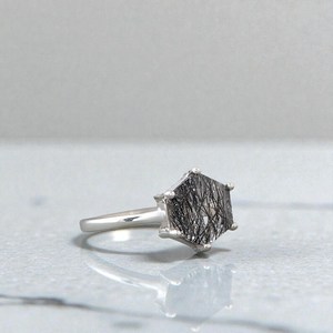 Black Rutilated <b>Quartz</b> Hexagon <b>Ring</b> 925 Sterling Silver IGI Certified Art Deco Engagement Promise Jewelry Gift for Women - Product Image 4