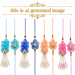 Flower Shape Plastic Rakhi <b>Set</b> with Pearl Tassels Handmade for Wedding Occasion - Product Image 1