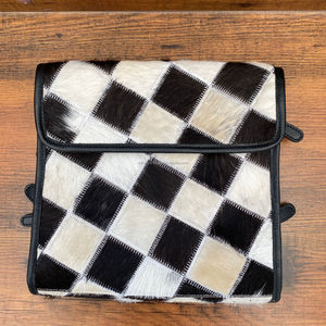 Top Quality Premium Black & White Checkered Cowhide Fur Leather Foldable Travel Jewelry Organizer Luxury Design Storage <b>Case</b> Bag - Product Image 4