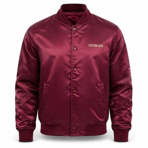 Blouson Bomber en Satin Bordeaux pour Homme avec Broderie Personnalisée sur le Devant, Coupe Classique, Col Montant, Fermeture Boutonnée, Vêtement Casual d'Automne - Product Image 1