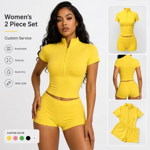Ensemble sportif 2 pièces pour femme, manches courtes, short cycliste zippé, respirant, séchage rapide, extensible, tenue de yoga et d'entraînement OEM ODM - Product Image 1