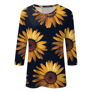 เสื้อยืดลำลองฤดูร้อนสำหรับผู้หญิงไซส์ใหญ่ ลายดอกไม้ แขน 3/4 คอกลม ผ้าโพลีเอสเตอร์ผสมสแปนเด็กซ์ ผ้าถักกันยับ - Product Image 5