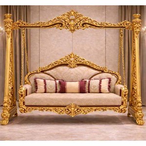 Columpio Maharaja de madera de teca tallado a mano, estilo palacio de lujo, con un aspecto majestuoso, tradicional, dorado, para interiores, ideal para grandes mansiones en EE. UU. - Product Image 1