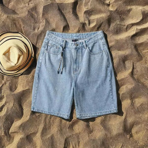 กางเกงยีนส์ขาสั้นทรงตรงสไตล์ลำลองสำหรับผู้ชาย รุ่นพื้นฐาน ซัมเมอร์ วินเทจ เป็นมิตรกับสิ่งแวดล้อม แห้งเร็ว ปักลาย ติดกระดุม สีกลาง/สีเข้ม - Product Image 2