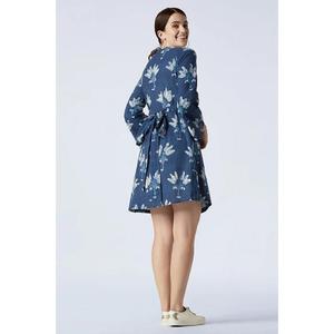 Minivestido azul con estampado floral para mujer, cuello en V, manga acampanada, vestido informal para fiesta - Product Image 4