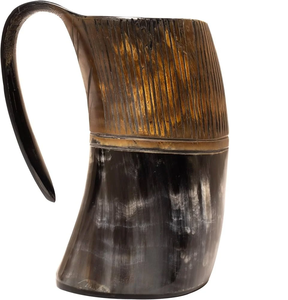Mug à boire en corne de buffle sculptée à la main, style Viking, avec poignée et ouvre-bouteille - Couleur naturelle, objet d'art et de collection - Product Image 1