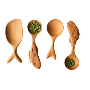 Cuillère à café et à thé en bois en forme de poisson, à long manche, écologique, lavable au lave-vaisselle, pour épices, sel, sucre, ustensiles de cuisine - Product Image 1
