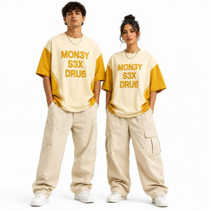 <b>Men's</b> Oversized Short Sleeve T-<b>Shirt</b> Cream Yellow Contrast Trim O-Neck Street Style Printed Letter Design Jersey Fabric - Product Image 4