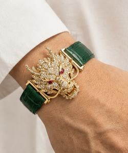 Pave Lab Grown Diamond Dragon Head <b>Bracelet</b> <b>Ruby</b> Eyes Green Alligator Leather Strap Luxury Mens Statement Jewelry Gift - Product Image 1