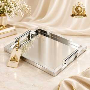 Plateau de service rectangulaire de luxe en acier inoxydable avec poignées florales dorées – Vente en gros - Product Image 5