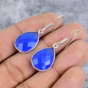 Silvercrowninc 925 <b>Sterling</b> <b>Silver</b> Blue Chalcedony Gemstone Earrings for Women Trendy Pear Shape Everyday Wear and Parties - Product Image 3