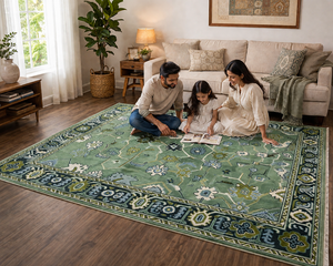 Tapis en laine fait main vert, tapis vintage à motifs floraux, tapis noué à la main de style persan, grand tapis de salon, tapis bohème doux et luxueux - Product Image 3