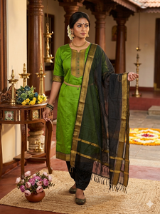 Green Kanchi Cotton <b>Kurta</b> Set With Zari Work Dupatta For <b>Women</b> Traditional Indian Wear Ankle-Length Regular Fit Wrinkle Free - Product Image 5