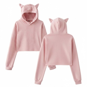 Women Oversized Cropped Hoodie Full Sleeve Knitted Cotton Solid Color Breathable <b>Zipper</b> Front Hooded Sweatshirt Spring Style - Product Image 2