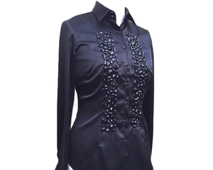 black <b>Satin</b> Button-Down <b>Blouse</b> with Crystal-Style Buttons - Product Image 2