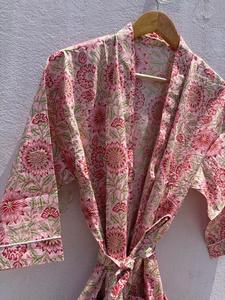 Bata de Baño Kimono de Algodón Floral para Mujer, Hecha a Mano con Estampado de Bloques, Estilo Boho, para Verano, Spa y Descanso, Regalo - Product Image 5