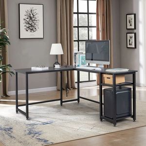 Tiger Black L-Shaped Desktop Computer Desk with Power Outlets and Shelf - Product Image 5
