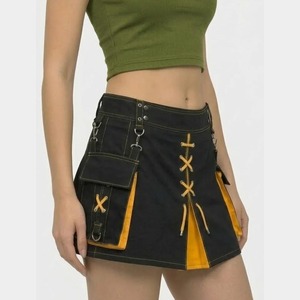 Women's Black And Yellow Lace-Up <b>Mini</b> Skirt With Pockets Polyester Material Slim Fit Adult European Clothing - Product Image 2