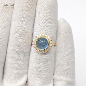 Anillo Clásico Art Deco con Gema de Aguamarina de 10 mm con Bisel y Halo de Diamantes en Oro Amarillo Fino de 14k, Diseño Moderno, Talla US-7 - Product Image 6