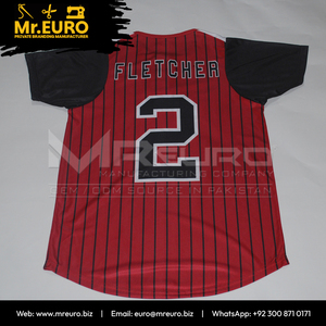 Maillot de softball personnalisé à sublimation, 2 boutons, 100 % polyester, antibactérien, col en V, coupe ample, unisexe, rouge et noir à fines rayures - Product Image 4