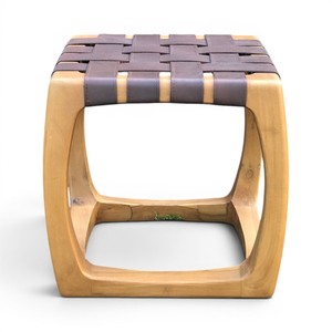 Modern Indonesian Teak Wood Stool with Woven Leather Straps <b>Seat</b> Contemporary Accent Chair for Home Decor Indoor Outdoor Use - Product Image 2
