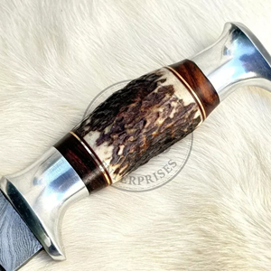 Cuchillo Bowie de caza y camping de hoja fija de Damasco de grado industrial personalizado, OEM, con punta de gota, para uso exterior, mango de asta de ciervo - Product Image 5