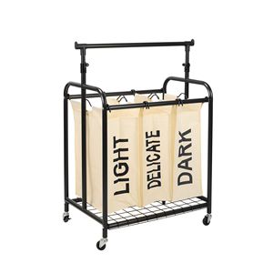 Oceanstar Cesto Portabiancheria a 3 Scomparti con Ruote, Barra Appendiabiti Regolabile, Bianco, Cesti Pieghevoli - Product Image 2