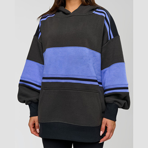 Sudadera de forro polar extragrande con capucha y bloques de color negro y azul para mujer, con bolsillos, hombros caídos y manga larga, ideal para otoño. - Product Image 3