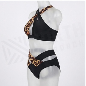 Ensemble bikini 2 pièces imprimé léopard pour femme, haut croisé à nouer, bas taille haute, maillot de bain extensible - Product Image 3