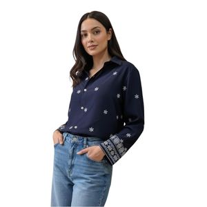 Camisa de Rayón Bordada para Mujer - Blusa de Manga Larga con Botones y Bordado Floral, Blusa Informal para Oficina - Product Image 1