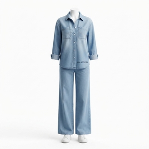 Women Light Blue Denim <b>Shirt</b> And Wide Leg Jeans Set Casual Two Piece Matching Denim Outfit Streetwear Fashion - Product Image 3