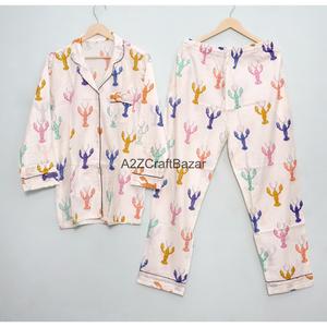 Conjunto de Pijama de Algodón 100% para Mujer, Estampado Floral Vintage, con Mangas Largas, Cintura Elástica, Suave, Transpirable y Cómodo - Product Image 1