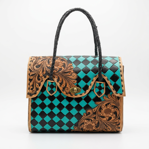 Vintage Genuine <b>Leather</b> Tote Bag With Floral <b>Tooled</b> Paneled Designer Black Teal Checkered Pattern Hasp Closure Women's Daily Use - Product Image 1