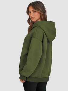 Sudadera con Capucha Extra Grande para Mujer, Color Verde Oliva Sólido, 100% Algodón Felpa, Manga Larga, Largo Regular, Ropa Urbana de Otoño - Product Image 6