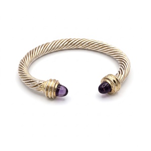 Wholesale 925 Solid Sterling Silver Gold Plated Natural Amethyst Twisted Cable Open Cuff Bangle Fine Jewelry Memoria Jewels - Product Image 1