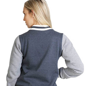 ELEGANT CORPORATION Men's Navy Blue Gray Casual Leather Varsity Jacket Horn Button Front Stand Collar Windproof Fleece Outerwear - Product Image 5